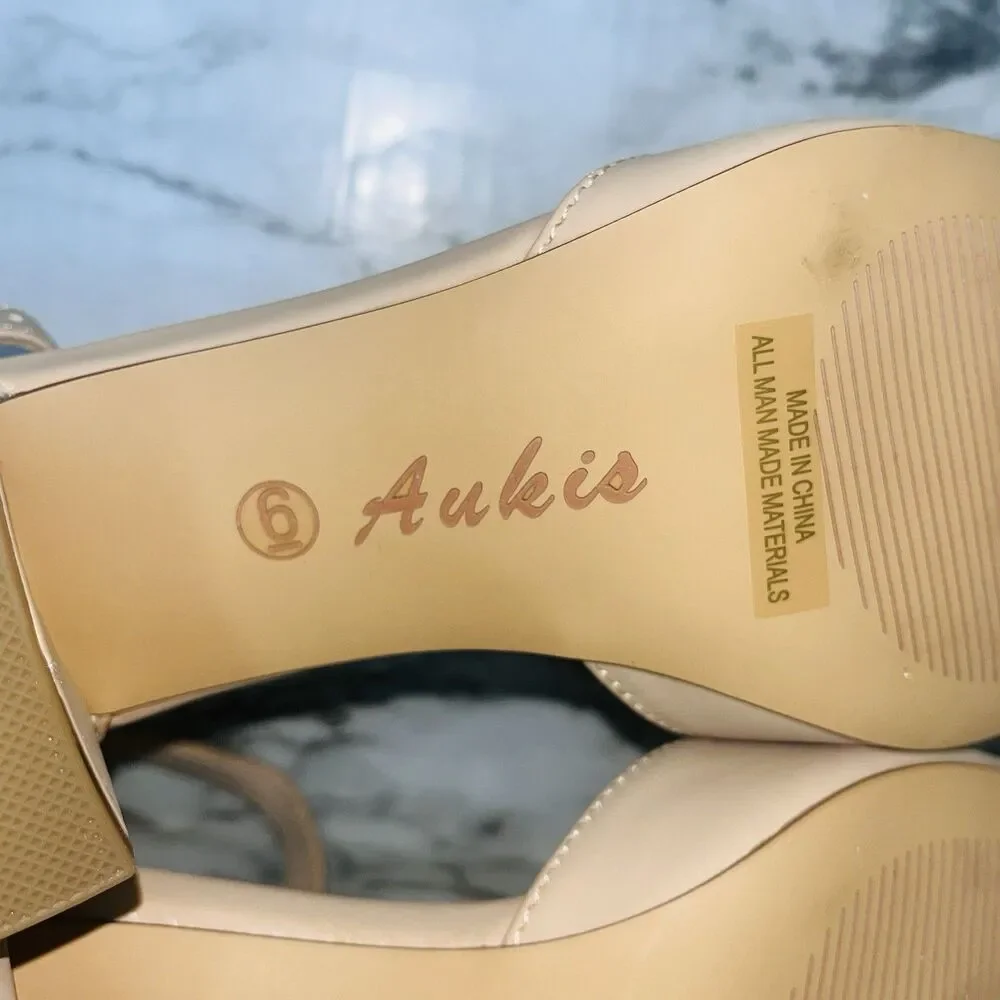Ankis Nude Pumps Women Size 6 Pointed Toe 2.25” Block Heel Ankle Strap Box